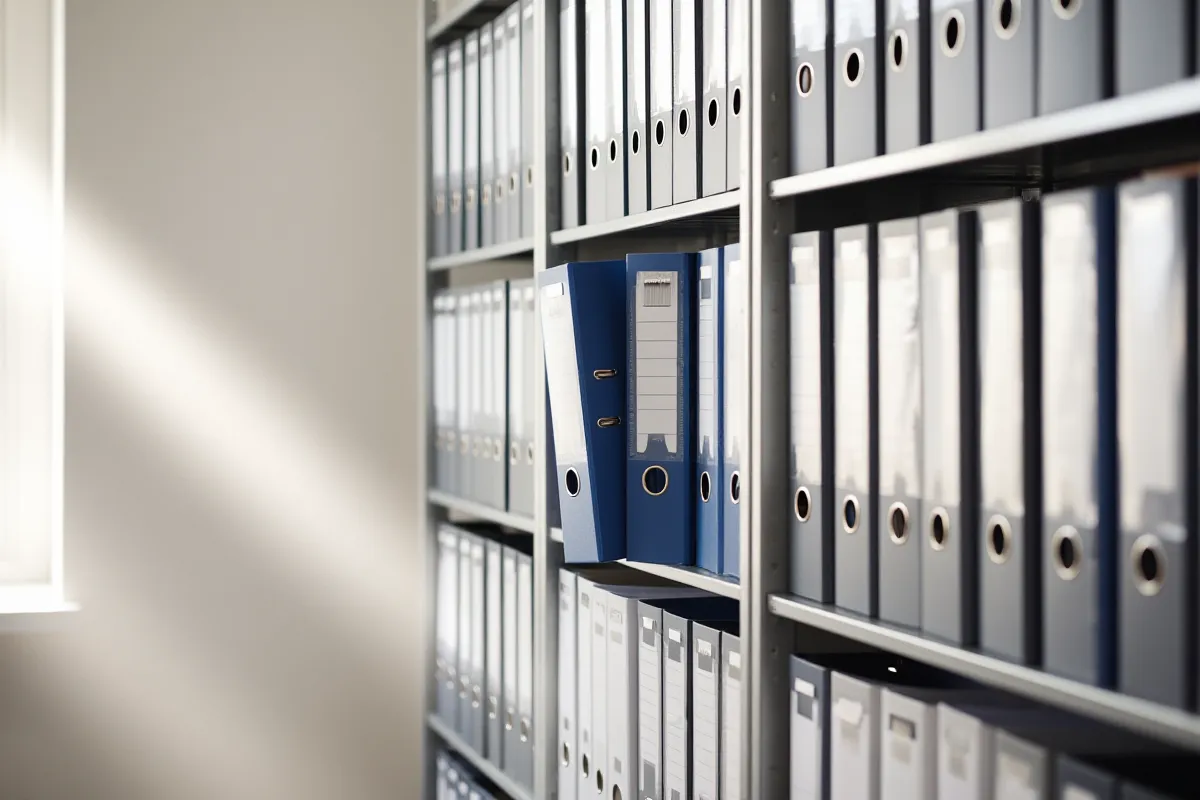Archivregal mit grauen und blauen Ordnern, ein Ordner leicht herausgezogen im Tageslicht