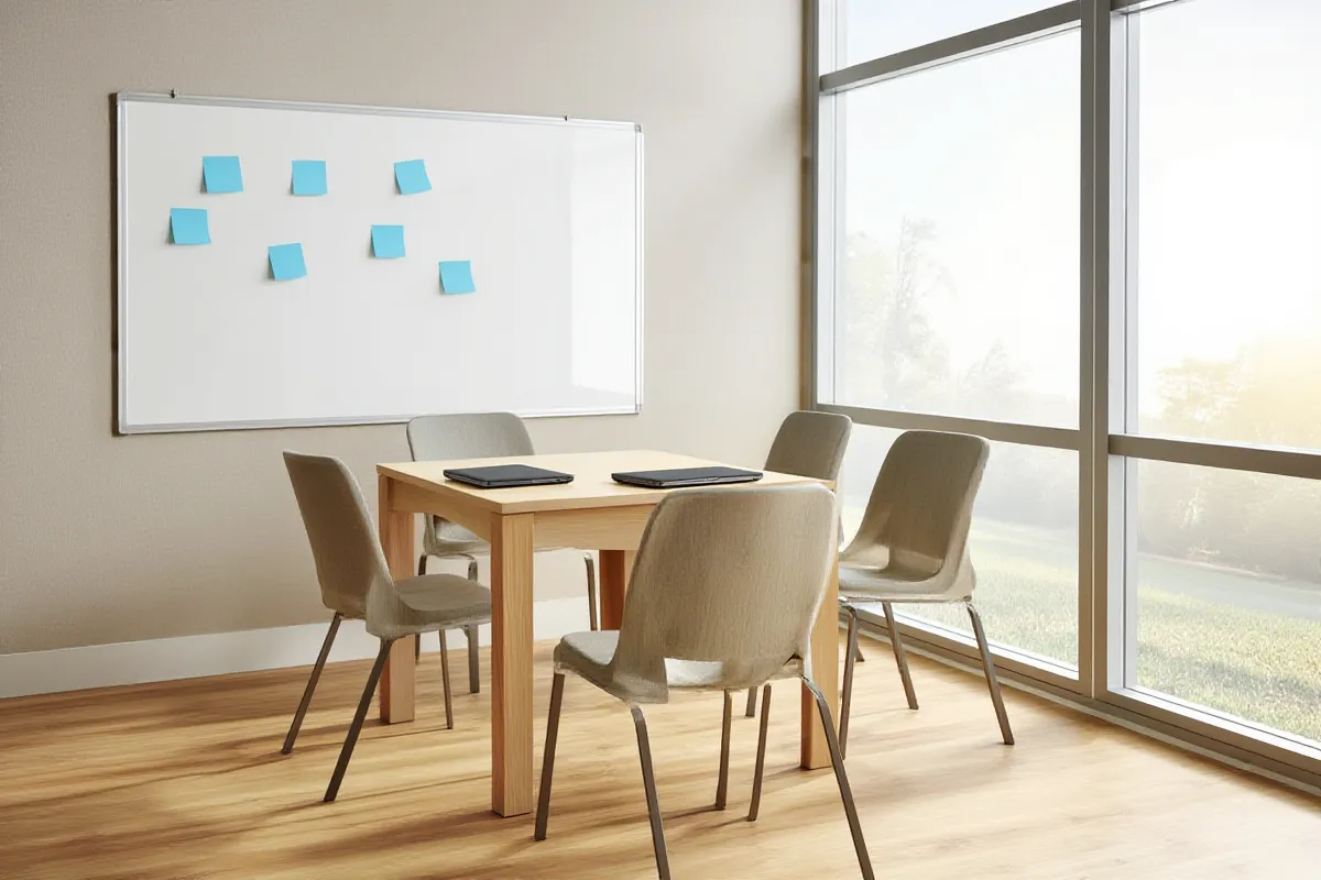 Heller Schulungsraum mit Tisch, zugeklappten Laptops, Stühlen und einer Tafel mit blauen Haftnotizen