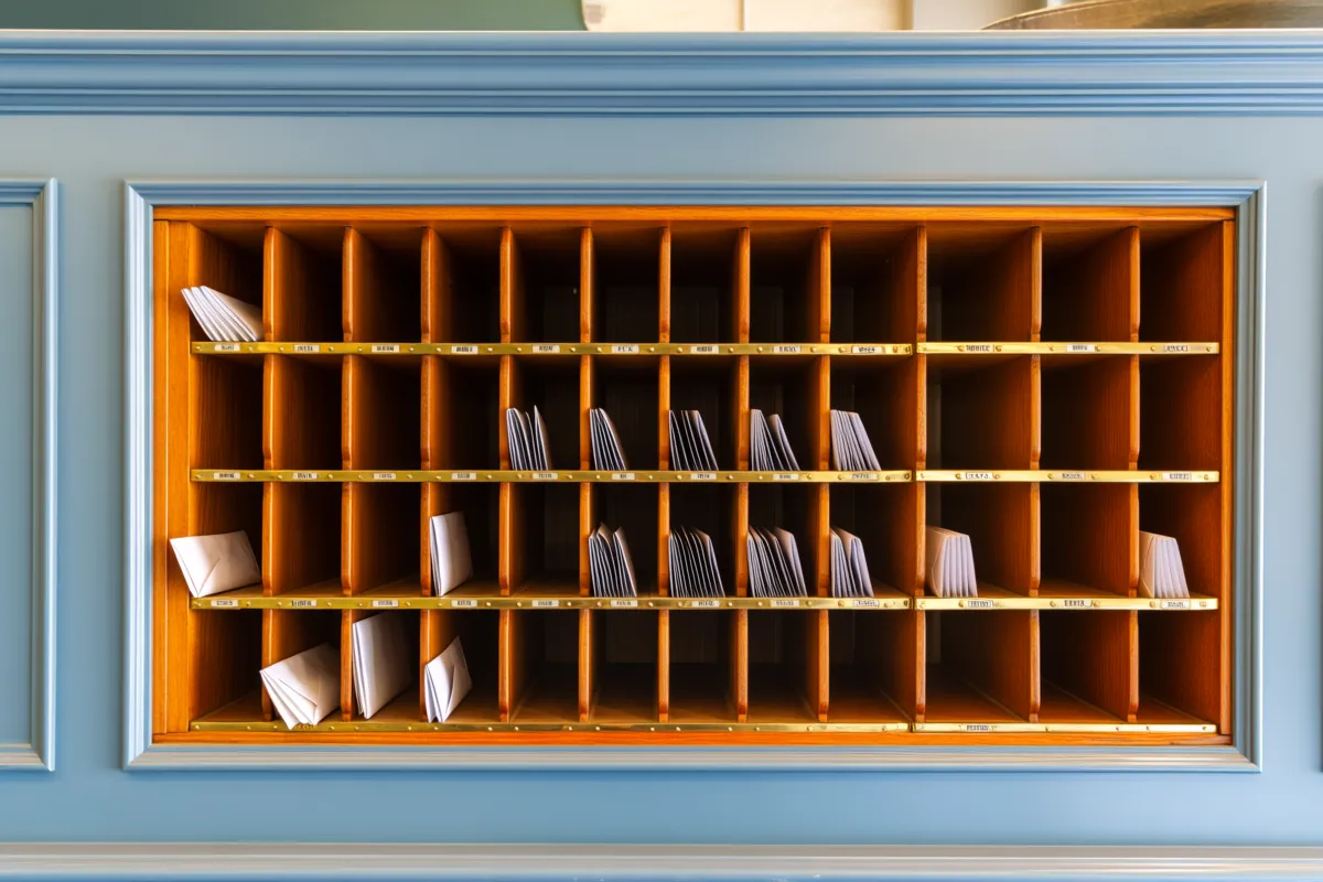 Hölzernes Postfachregal in einer blauen Wand, Briefe in einzelne Fächer verteilt