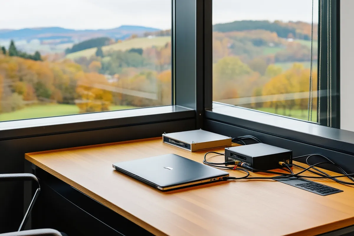 Schreibtisch am Eckfenster mit zugeklapptem Laptop und zwei kleinen Geräten, Blick auf bewaldete Hügel im Herbstlicht